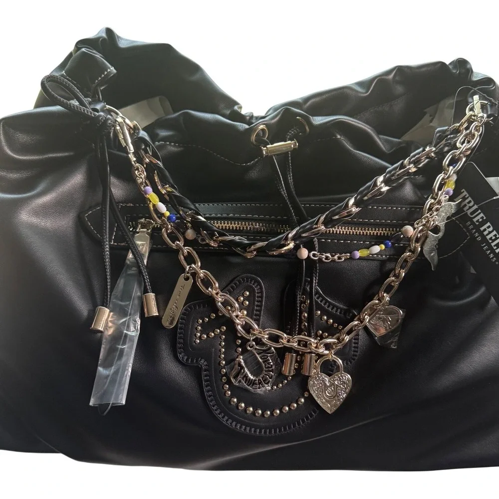 True Religion Black Faux Leather Multi Chain Strap Charm Gold Tonr Hobo Large